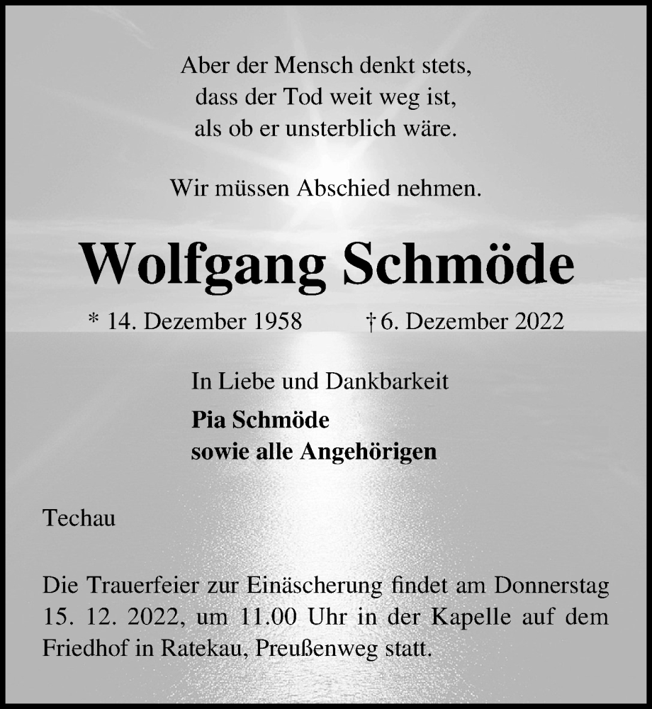  Traueranzeige für Wolfgang Schmöde vom 11.12.2022 aus Lübecker Nachrichten