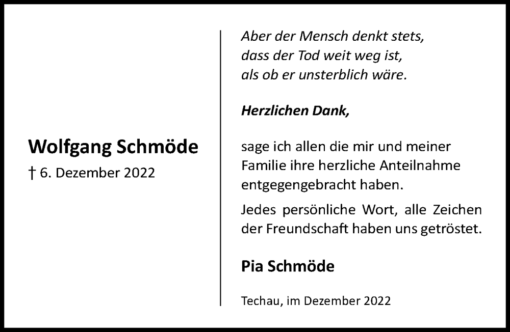  Traueranzeige für Wolfgang Schmöde vom 25.12.2022 aus Lübecker Nachrichten