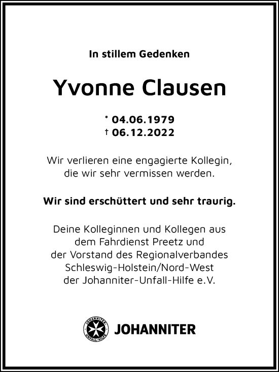 Traueranzeige von Yvonne Clausen von Kieler Nachrichten