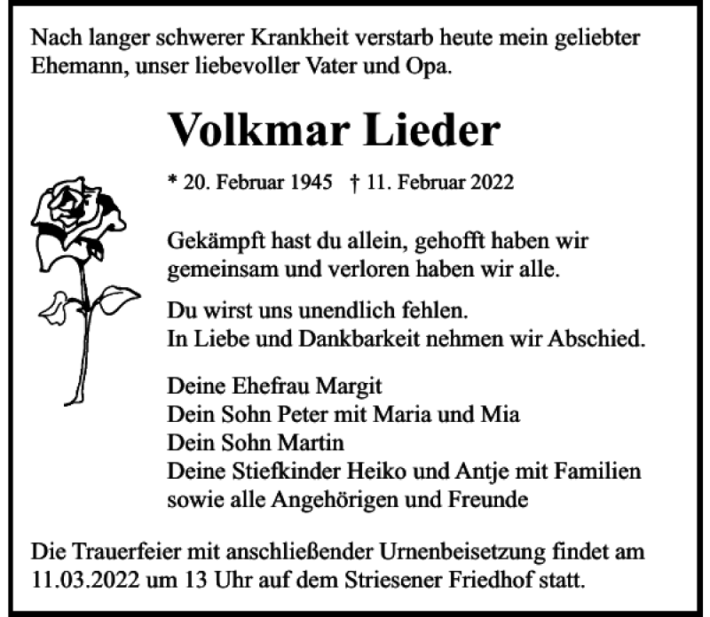  Traueranzeige für Volkmar Lieder vom 19.02.2022 aus Sächsische Zeitung