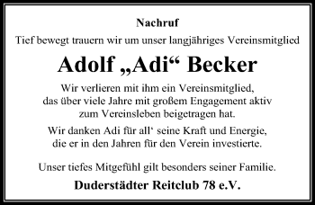 Traueranzeige von Adolf Becker von Eichsfelder Tageblatt
