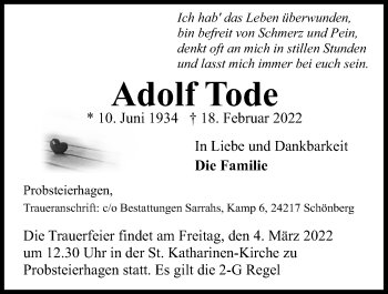 Traueranzeige von Adolf Tode von Kieler Nachrichten