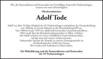 Traueranzeige von Adolf Tode von Kieler Nachrichten