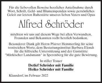 Traueranzeige von Alfred Schröder von Märkischen Allgemeine Zeitung