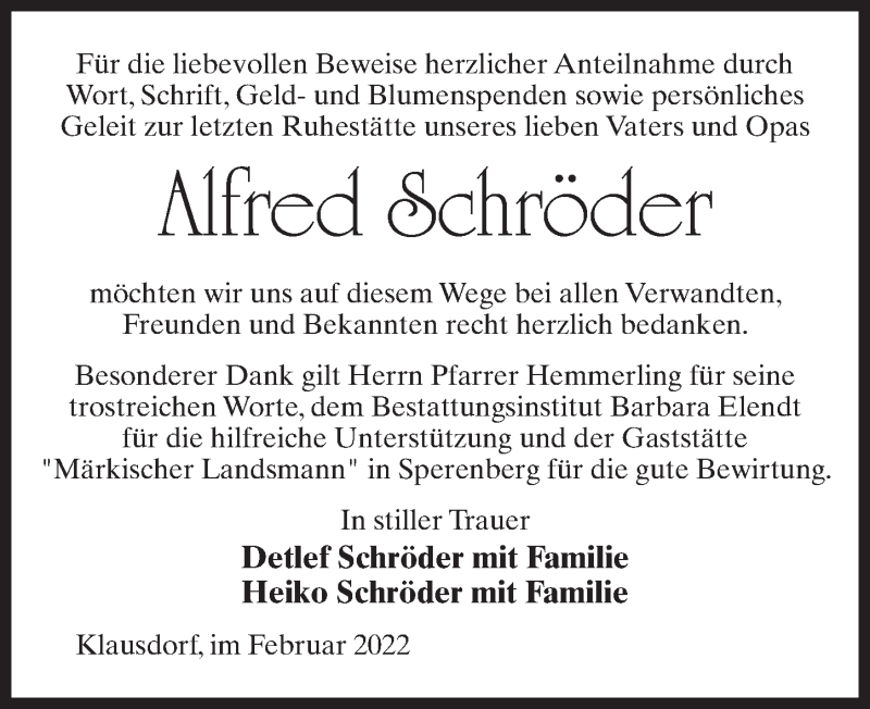  Traueranzeige für Alfred Schröder vom 26.02.2022 aus Märkischen Allgemeine Zeitung