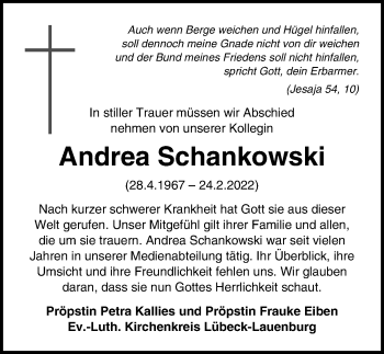 Traueranzeige von Andrea Schankowski von Lübecker Nachrichten