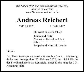 Traueranzeige von Andreas Reichert von Lübecker Nachrichten