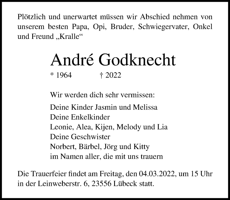  Traueranzeige für André Godknecht vom 27.02.2022 aus Lübecker Nachrichten