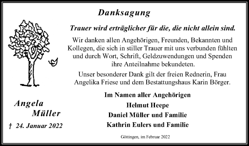  Traueranzeige für Angela Müller vom 12.02.2022 aus Göttinger Tageblatt