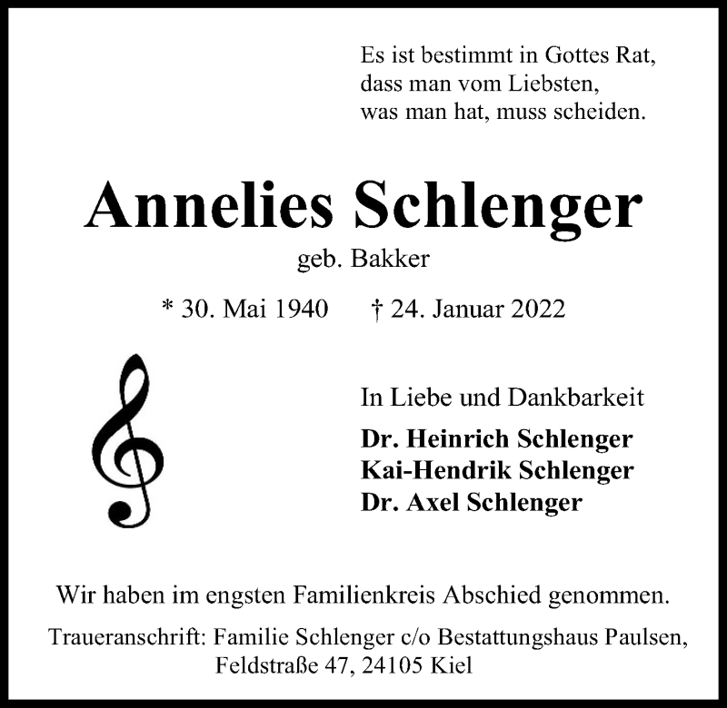  Traueranzeige für Annelies Schlenger vom 05.02.2022 aus Kieler Nachrichten