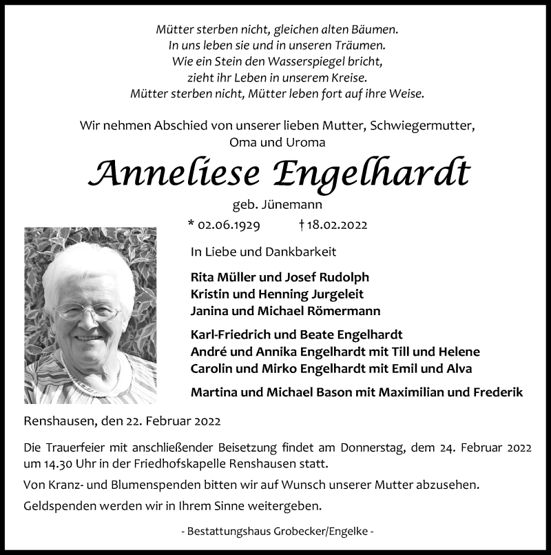  Traueranzeige für Anneliese Engelhardt vom 22.02.2022 aus Göttinger Tageblatt
