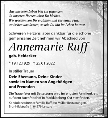 Traueranzeige von Annemarie Ruff von Leipziger Volkszeitung