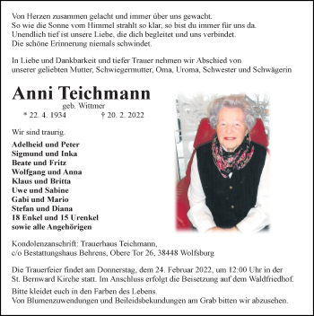 Traueranzeige von Anni Teichmann von Aller Zeitung