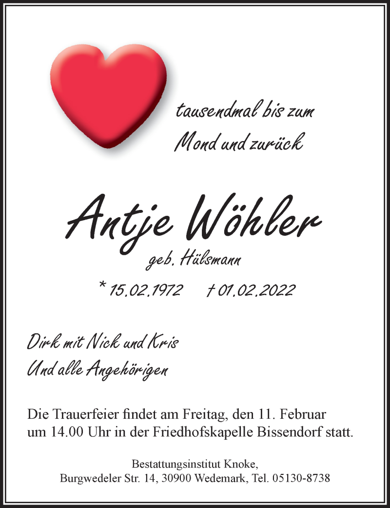  Traueranzeige für Antje Wöhler vom 05.02.2022 aus Hannoversche Allgemeine Zeitung/Neue Presse