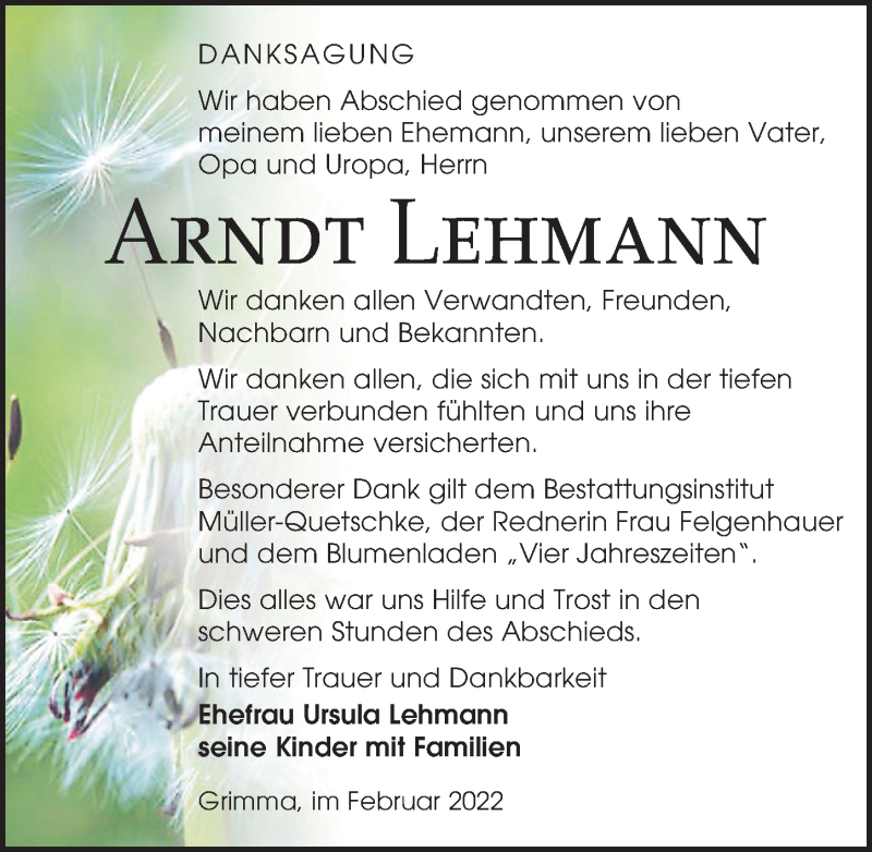  Traueranzeige für Arndt Lehmann vom 26.02.2022 aus Leipziger Volkszeitung