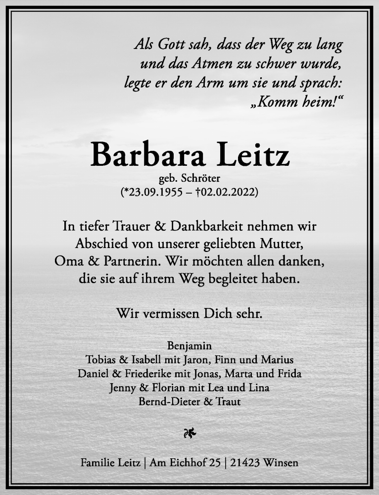  Traueranzeige für Barbara Leitz vom 13.02.2022 aus Lübecker Nachrichten