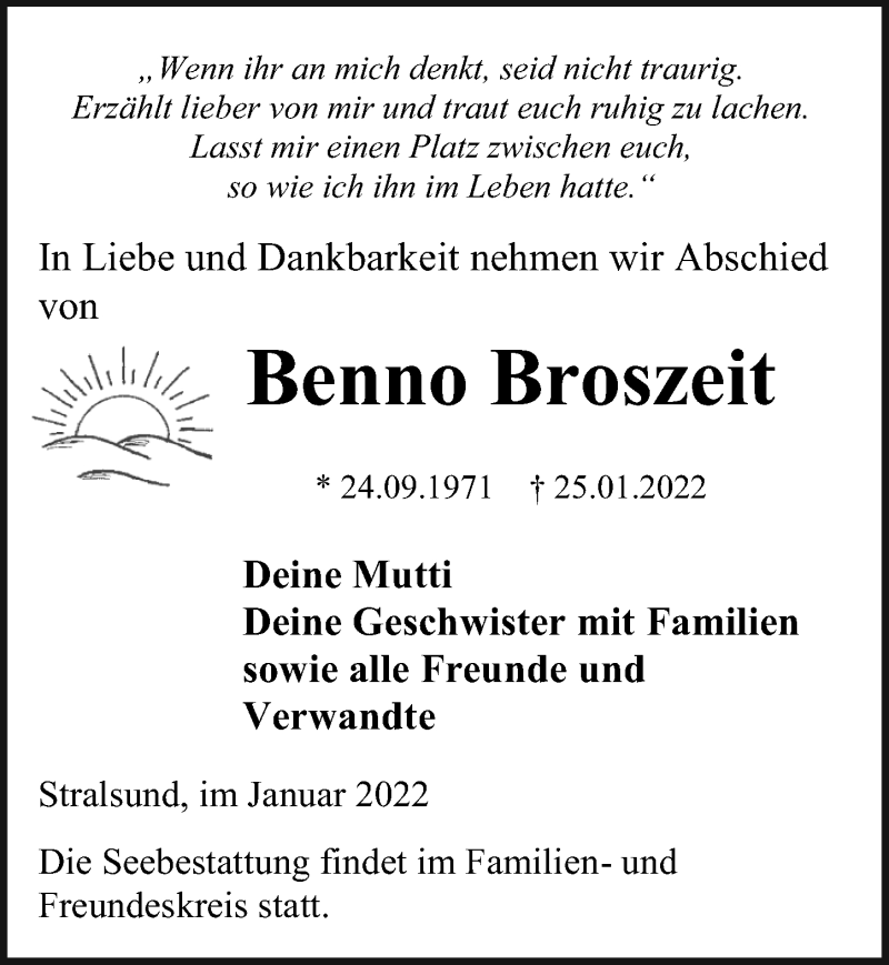  Traueranzeige für Benno Broszeit vom 05.02.2022 aus Ostsee-Zeitung GmbH
