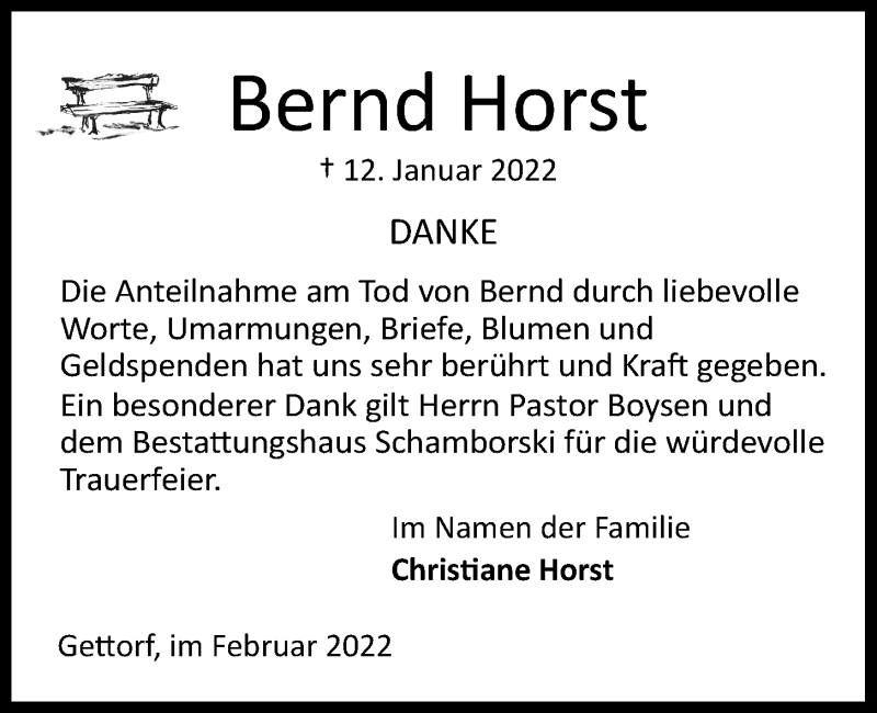  Traueranzeige für Bernd Horst vom 12.02.2022 aus Kieler Nachrichten