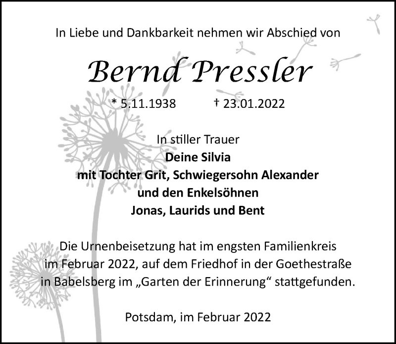 Traueranzeige für Bernd Pressler vom 12.02.2022 aus Märkischen Allgemeine Zeitung