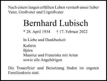 Traueranzeige von Bernhard Lubisch von Lübecker Nachrichten