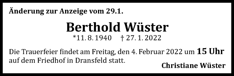  Traueranzeige für Berthold Wüster vom 01.02.2022 aus Göttinger Tageblatt