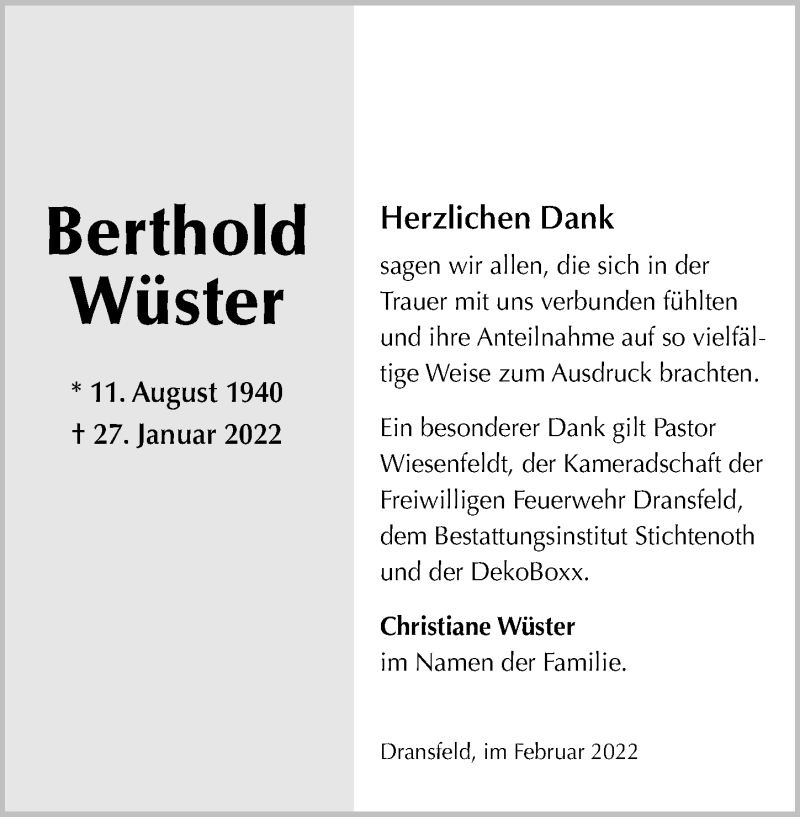  Traueranzeige für Berthold Wüster vom 19.02.2022 aus Göttinger Tageblatt