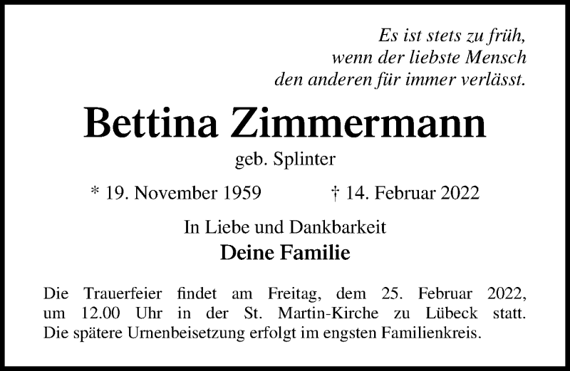  Traueranzeige für Bettina Zimmermann vom 20.02.2022 aus Lübecker Nachrichten