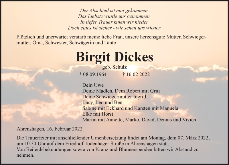  Traueranzeige für Birgit Dickes vom 26.02.2022 aus Ostsee-Zeitung GmbH