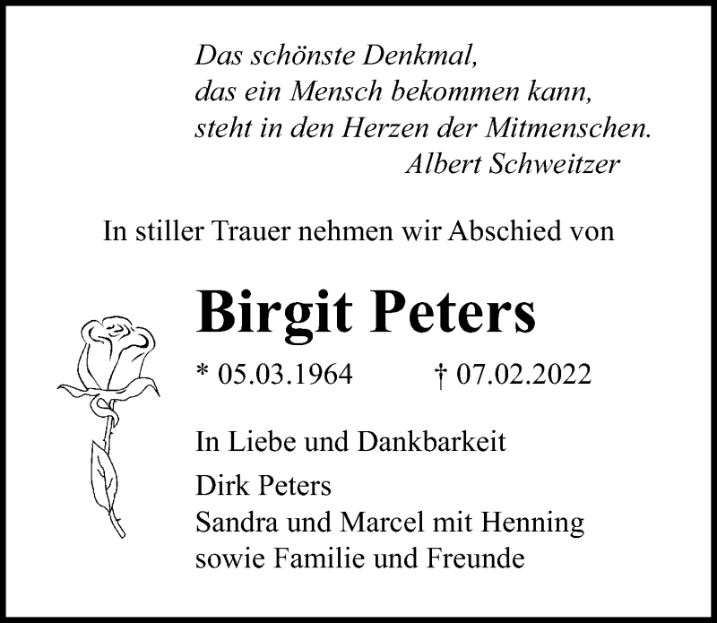  Traueranzeige für Birgit Peters vom 26.02.2022 aus Ostsee-Zeitung GmbH
