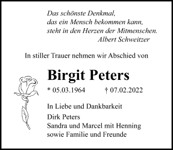Traueranzeige von Birgit Peters von Ostsee-Zeitung GmbH