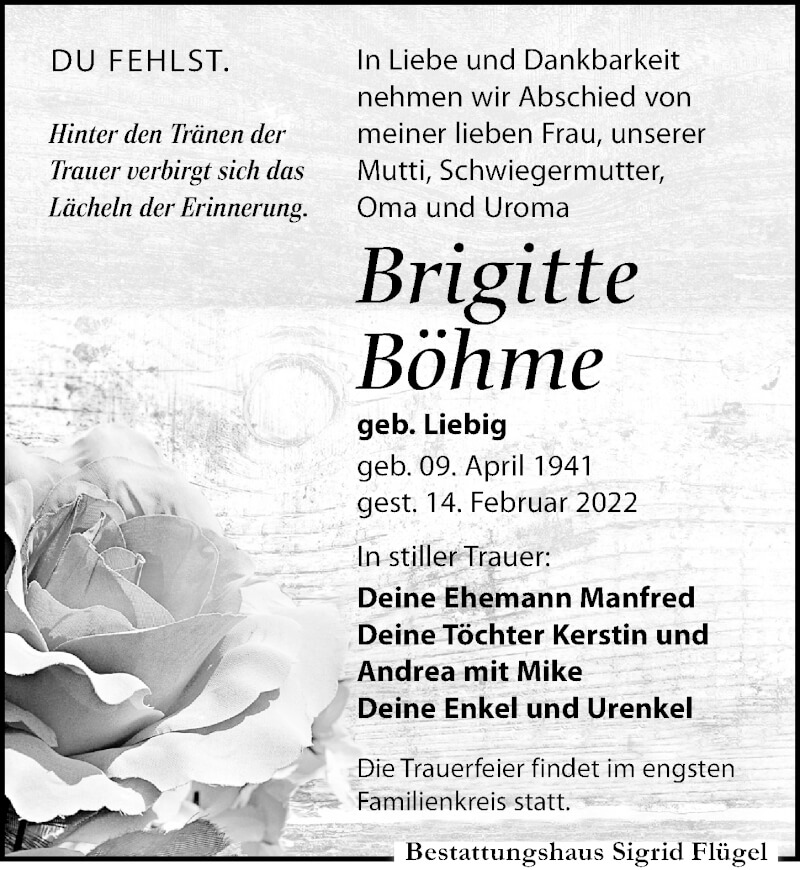  Traueranzeige für Brigitte Böhme vom 19.02.2022 aus Leipziger Volkszeitung