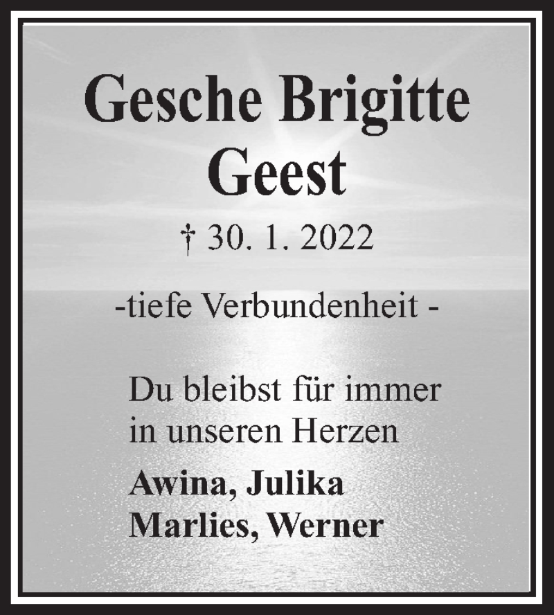  Traueranzeige für Brigitte Geest vom 12.02.2022 aus Kieler Nachrichten