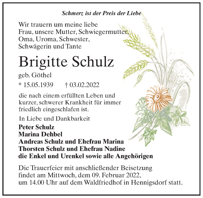 Traueranzeigen Von Brigitte Schulz | Trauer-anzeigen.de