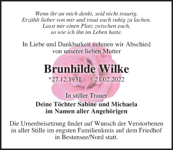 Traueranzeige von Brunhilde Wilke von Märkischen Allgemeine Zeitung
