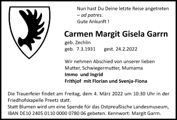 Traueranzeige von Carmen Margit Gisela Garrn von Kieler Nachrichten