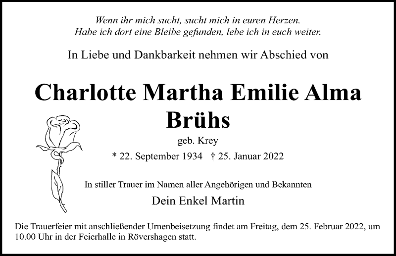  Traueranzeige für Charlotte  Brühs vom 05.02.2022 aus Ostsee-Zeitung GmbH