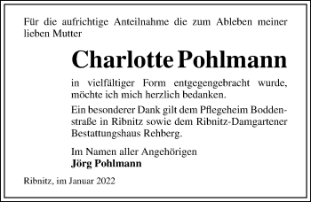 Traueranzeige von Charlotte Pohlmann von Ostsee-Zeitung GmbH