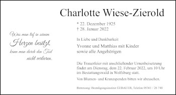 Traueranzeige von Charlotte Wiese-Zierold von Aller Zeitung