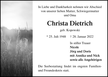 Traueranzeige von Christa Dietrich von Lübecker Nachrichten