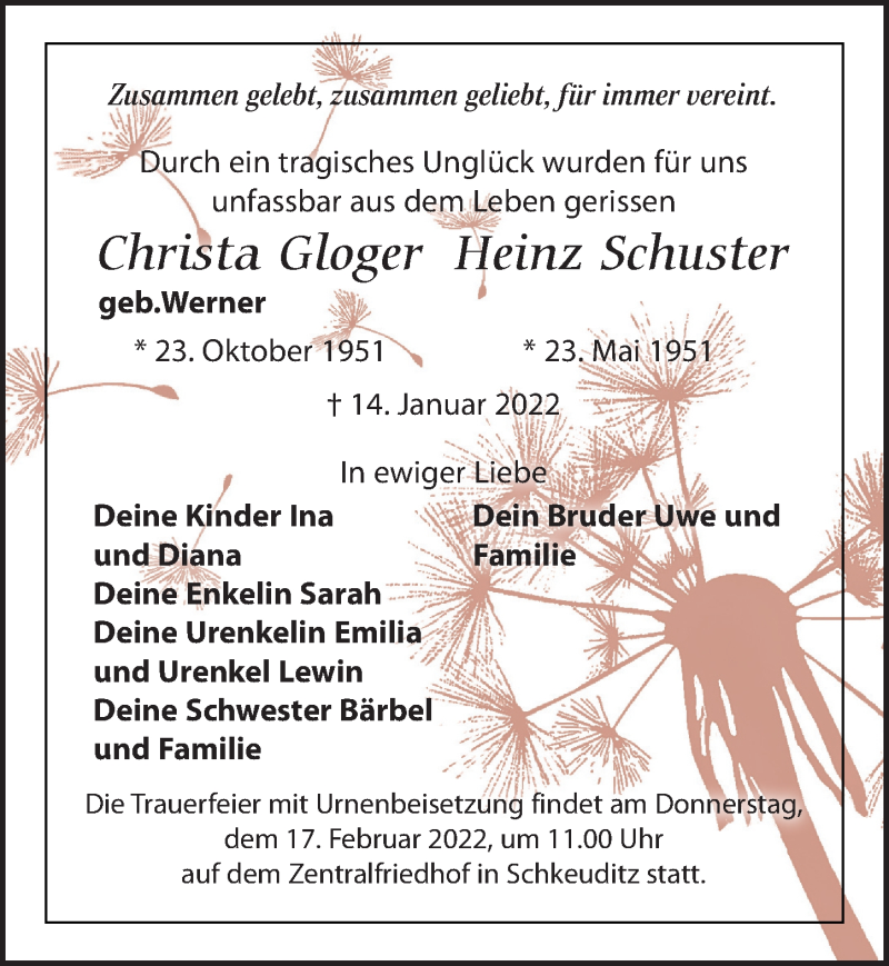  Traueranzeige für Christa Gloger vom 12.02.2022 aus Leipziger Volkszeitung