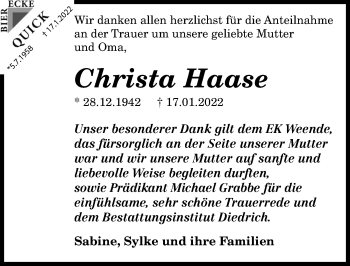 Traueranzeige von Christa Haase von Göttinger Tageblatt