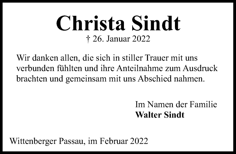 Traueranzeige für Christa Sindt vom 19.02.2022 aus Kieler Nachrichten