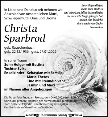 Traueranzeige von Christa Sparbrod von Leipziger Volkszeitung