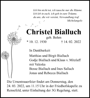 Traueranzeige von Christel Bialluch von Lübecker Nachrichten