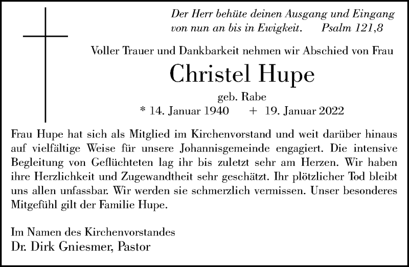  Traueranzeige für Christel Hupe vom 12.02.2022 aus Schaumburger Nachrichten