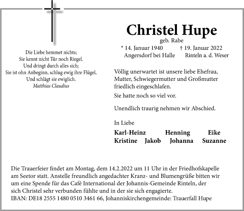  Traueranzeige für Christel Hupe vom 05.02.2022 aus Schaumburger Nachrichten