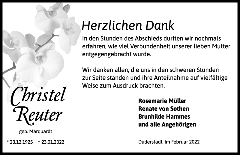  Traueranzeige für Christel Reuter vom 12.02.2022 aus Eichsfelder Tageblatt