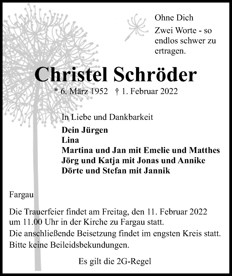  Traueranzeige für Christel Schröder vom 05.02.2022 aus Kieler Nachrichten