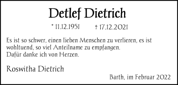 Traueranzeige von Detlef Dietrich von Ostsee-Zeitung GmbH