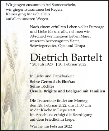 Traueranzeige von Dietrich Bartelt von Ostsee-Zeitung GmbH